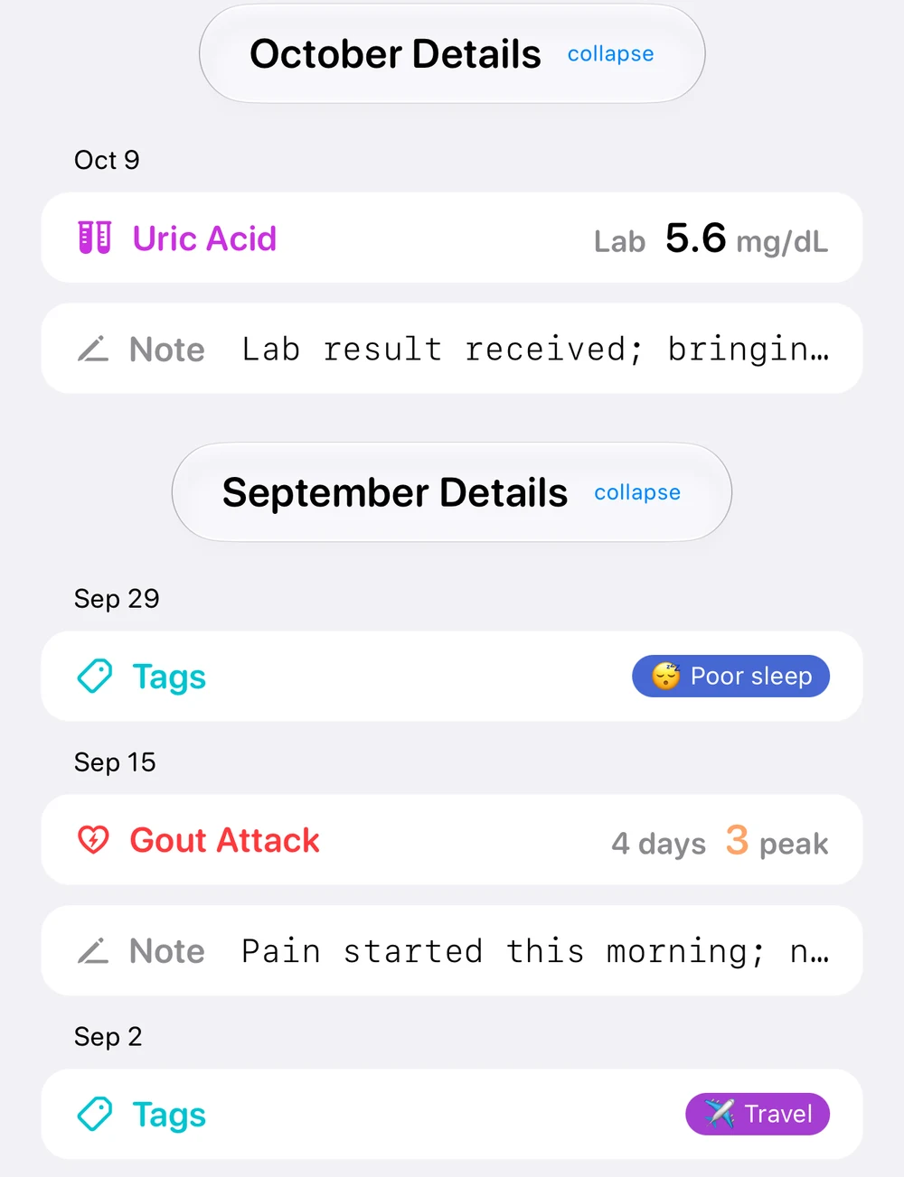 Fictional timeline of a lab result, flare dates, notes and context tags.