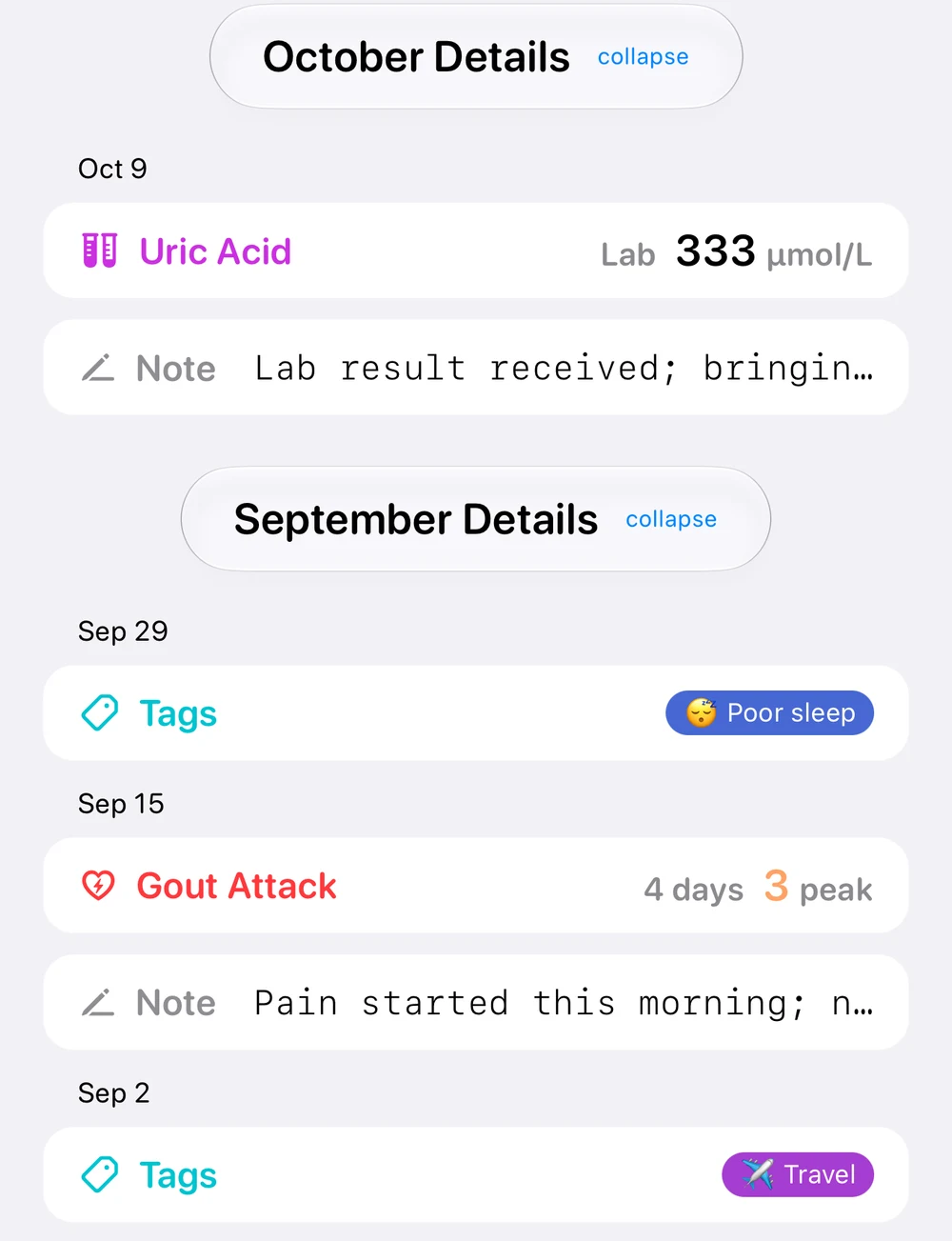 Fictional timeline of a lab result, flare dates, notes and context tags.