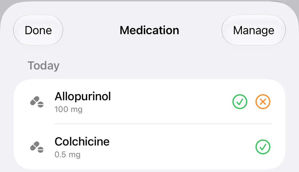 Gout Journal daily medication sheet with pending Allopurinol and as-needed Colchicine entries.