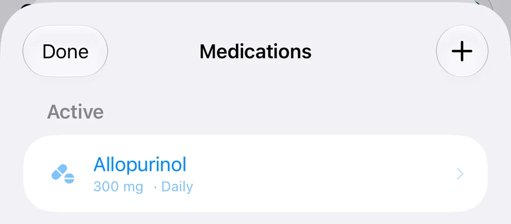 Gout Journal medication list showing Allopurinol 300 mg daily.