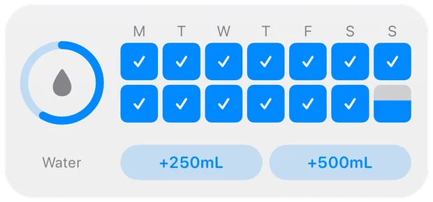 Interactive water widget in light appearance, with a two-week log and quick-add buttons.