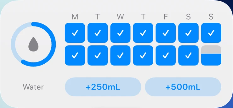 Example water widget with daily progress and quick-add buttons.